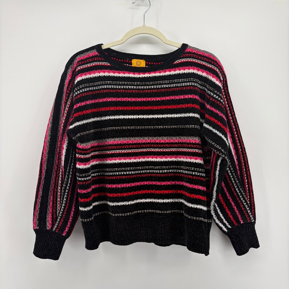 Ruby Rd Womens PM Black Pink Striped Chenille Crew Neck Sweater Ribbed Trim